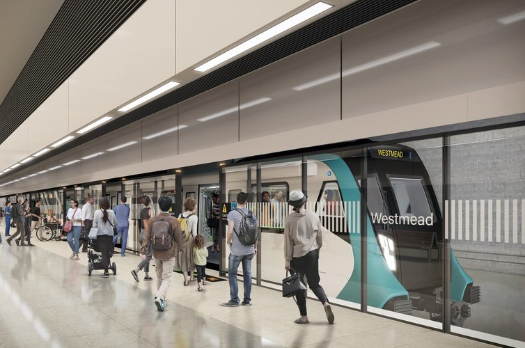 Artist’s impression of commuters walking through the platform screen doors onto a metro train that has arrived at the Westmead metro station platform.