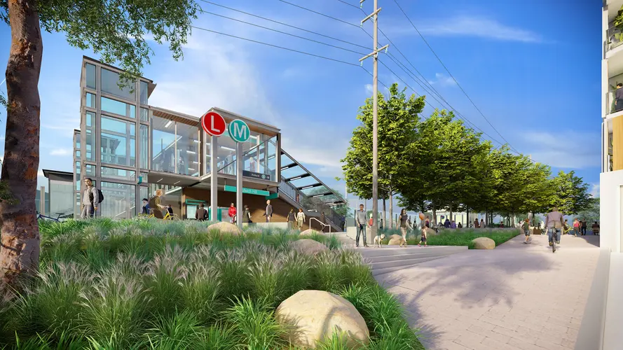 An artist's impression of Dulwich Hill Station as viewed from outside the station entrance. Trees and greenery line the station entrance and L (light rail) and M (metro) signs can be seen.