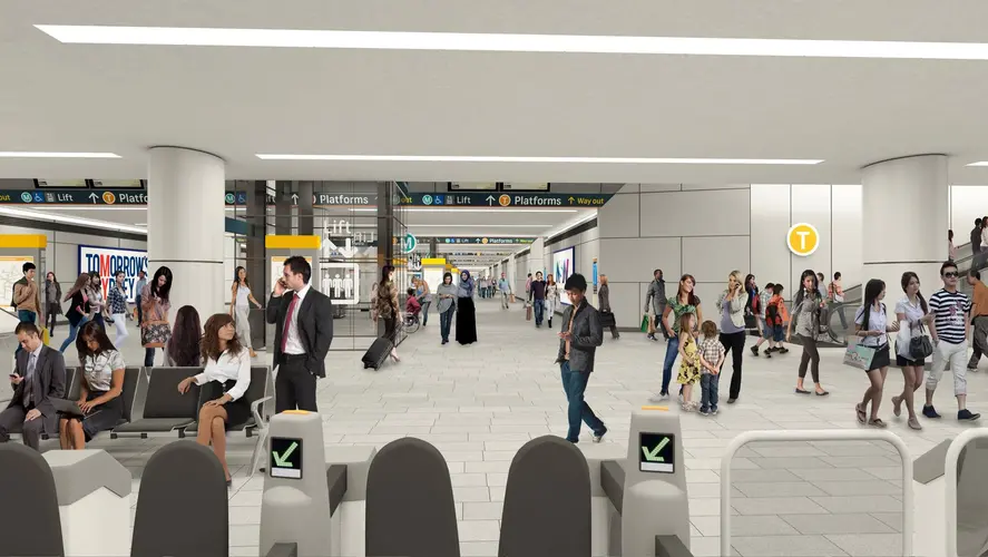 Artist's impression of commuters walking around inside the new Central Station walk that connect Sydney Metro platforms.