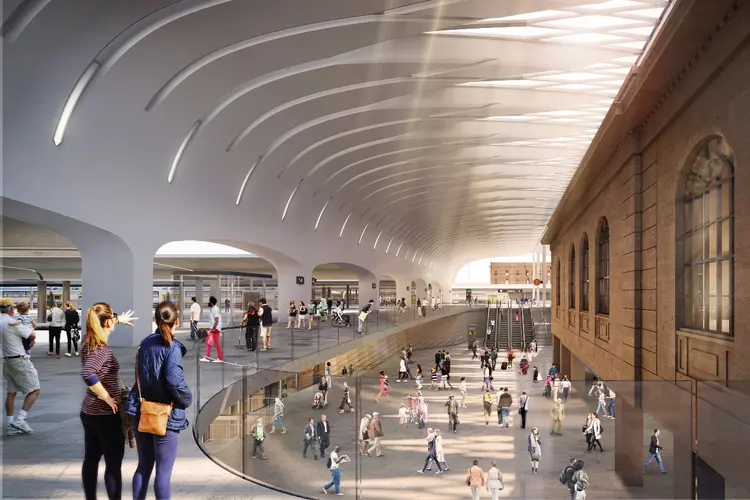 Artist's impression of commuters walking around the new Central upgrade at Eddy Avenue. Some people are on a raised level looking down at commuters below.