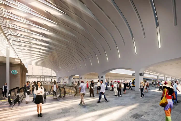 Artist's impression of commuters walking around at the top of the escalators inside the new Central Station upgrade.