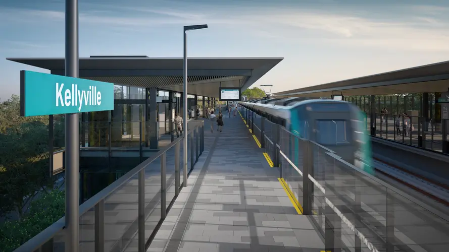 An artist's impression of the station platform with passengers waiting along the platform behind the safety screen doors as a train pulls away at Sydney Metro's Kellyville Station.