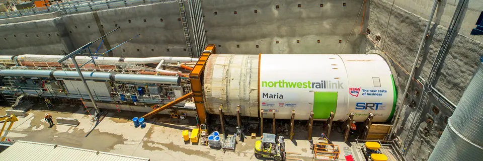 An aerial view looking down at Tunnel Boring Machine (TBM) Maria beginning the tunnelling project at Sydney Metro's Cherrybrook Station as part of the North West railink. 