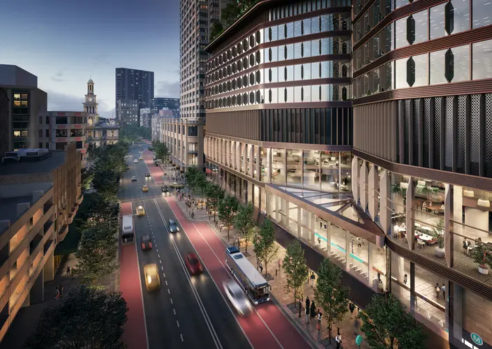 An artist's impression of the outdoor terrace on the over station development, above Pitt Street Station (North), as viewed from the corner of Park and Castlereagh streets.