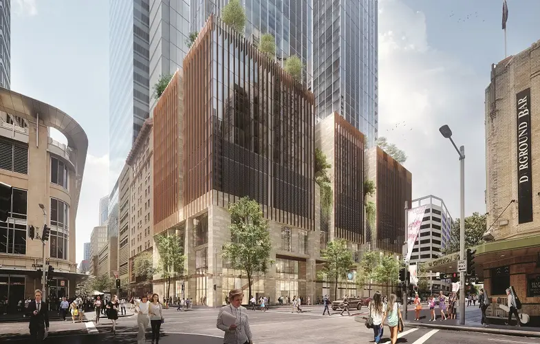 Artist's impression of an on-the-ground look at the new Pitt Street metro station north tower in the Sydney CBD.