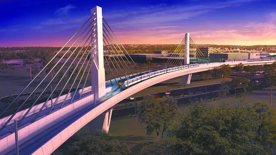 An artist's impression of a metro train travelling over Windsor Bridge rail bridge at sunset.