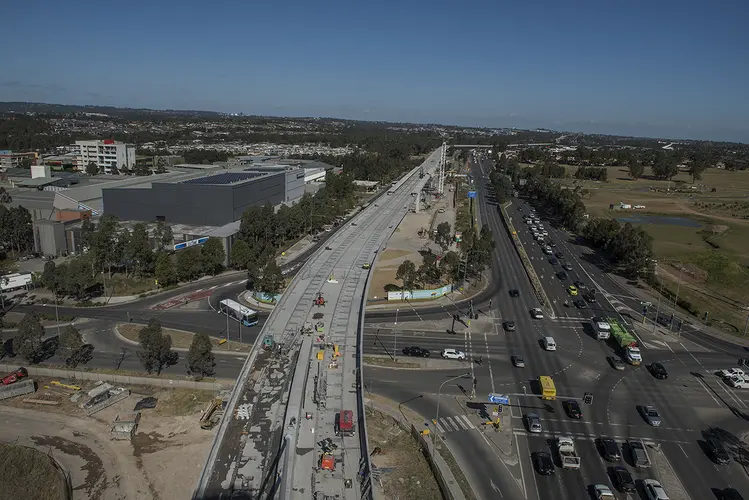 An arial view showing the construction of the Windsor Road bridge with at Sydney Metro's Rouse Hill. 