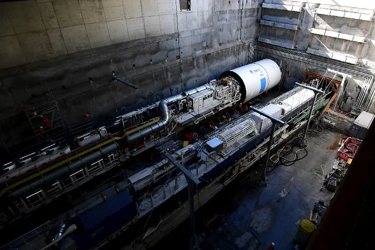 An arial view looking down at Tunnel Boring Machine Mabel in place at a Sydney Metro construction site.