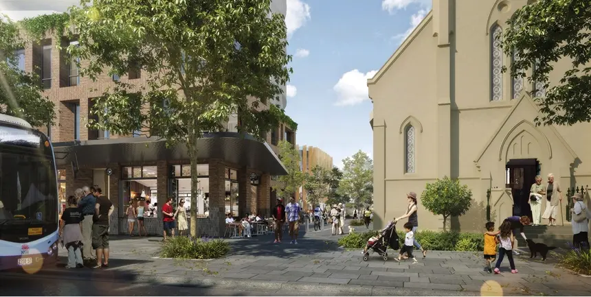 Artists impression of commuters walking outside the church and shops on the corner of the station entrance of Sydney Metro's Waterloo Station. 