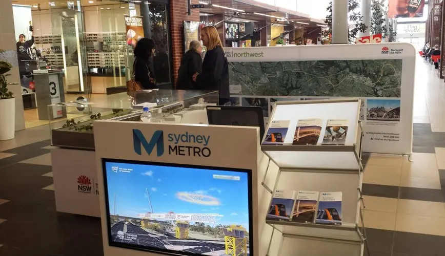 A close up view of the Sydney Metro mobile community stand showing a TV with display on it, brochures, train model and alignment map as community members are looking at the display behind. 