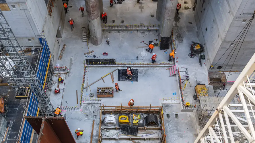 A bird's eye view of construction work at the north shaft of Sydney Metro's Pitt Street Station.