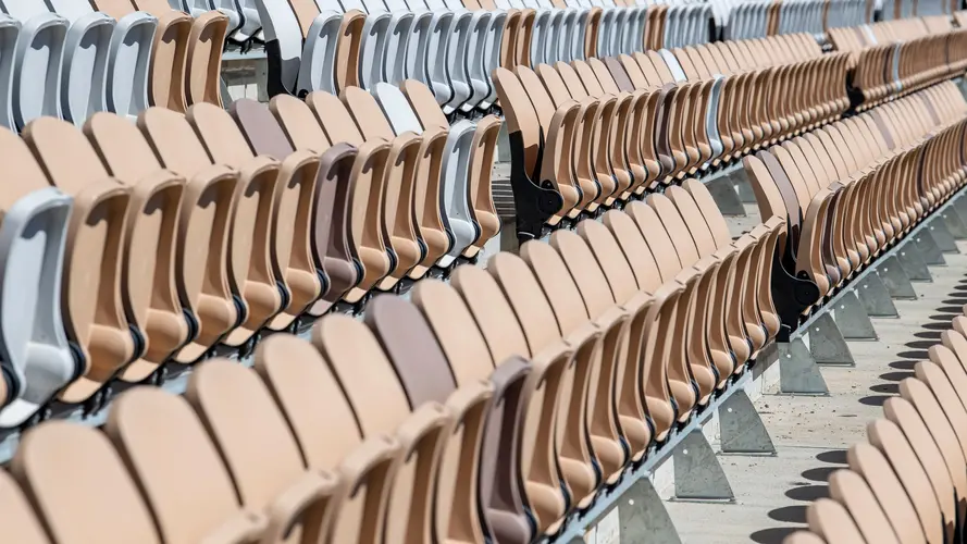 A close up view of the seats in the grand stand of the Sydney International Speedway.