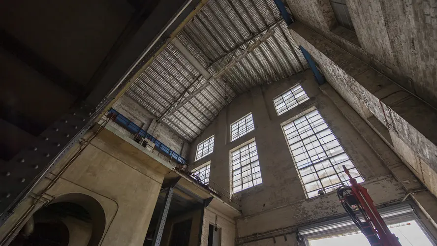 A view of the roof and windows inside the turbine hall at White Bay Power Station.