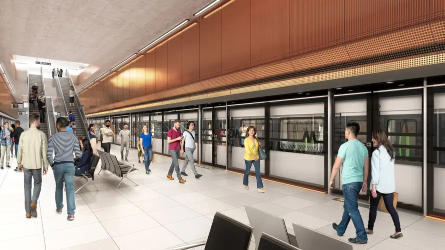 Artist's impression of commuters travelling along the platform of Sydney Metro's Hunter Street Station.