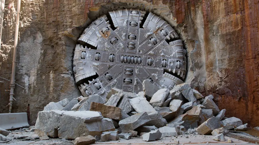 On the ground view of Tunnel Boring Machine Maria breaking through the tunnel at Sydney Metro's Epping Station.