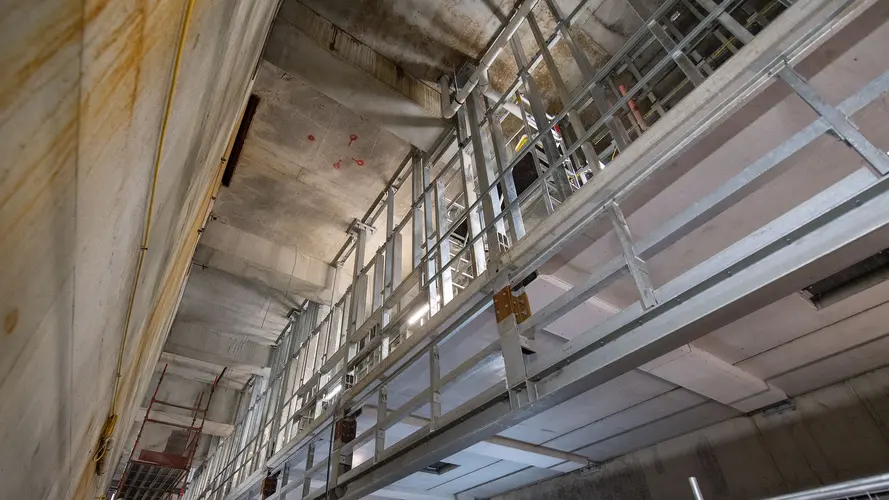 A ground up view of structural reinforcement (metal structure) as part of the construction work at Sydney Metro's Crows Nest Station.