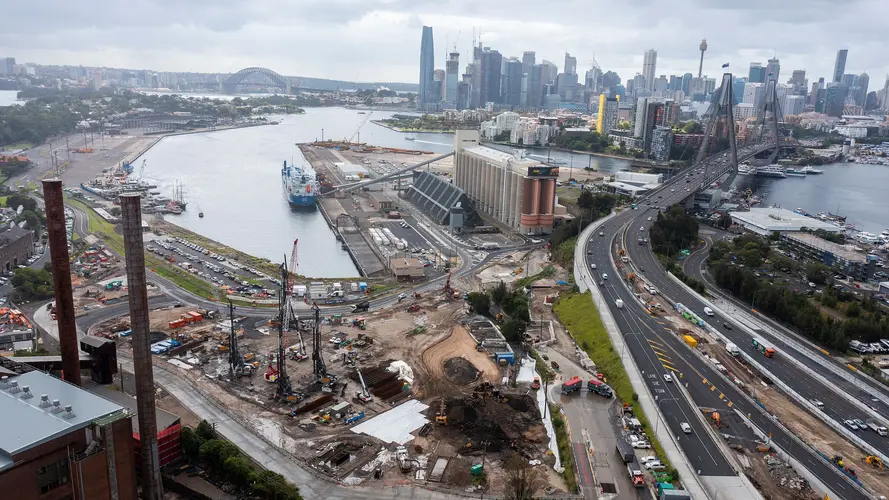 A bird's eye view of the excavation works at Sydney Metro's The Bays station construction site.