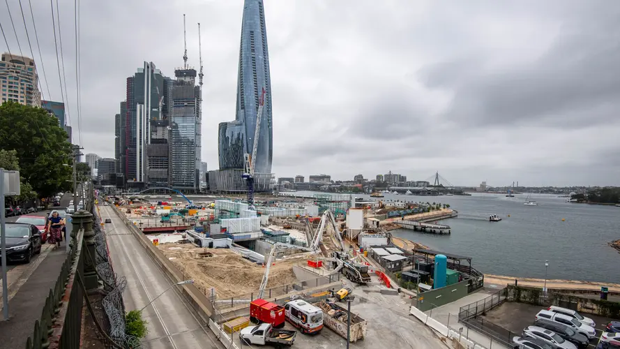 Wide lens view of construction works on the surface level of the construction site at Barangaroo station