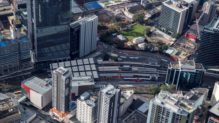 A bird's eye view of Parramatta showing the railway tracks of Parramatta Station below.