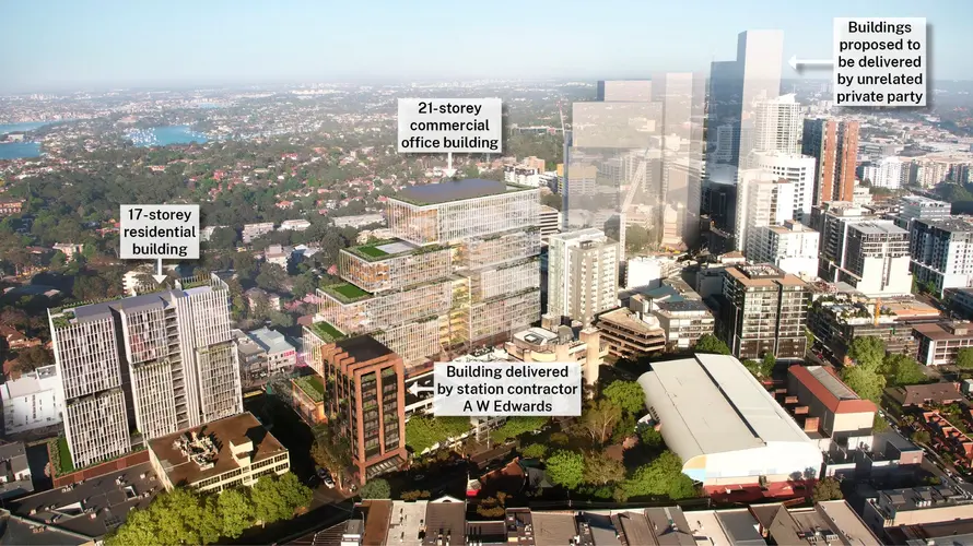 Artist impression of buildings being developed over Crows Nest Station