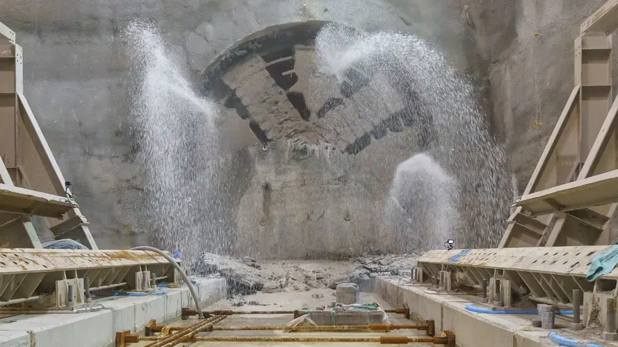 TBM Breakthrough with water spraying out